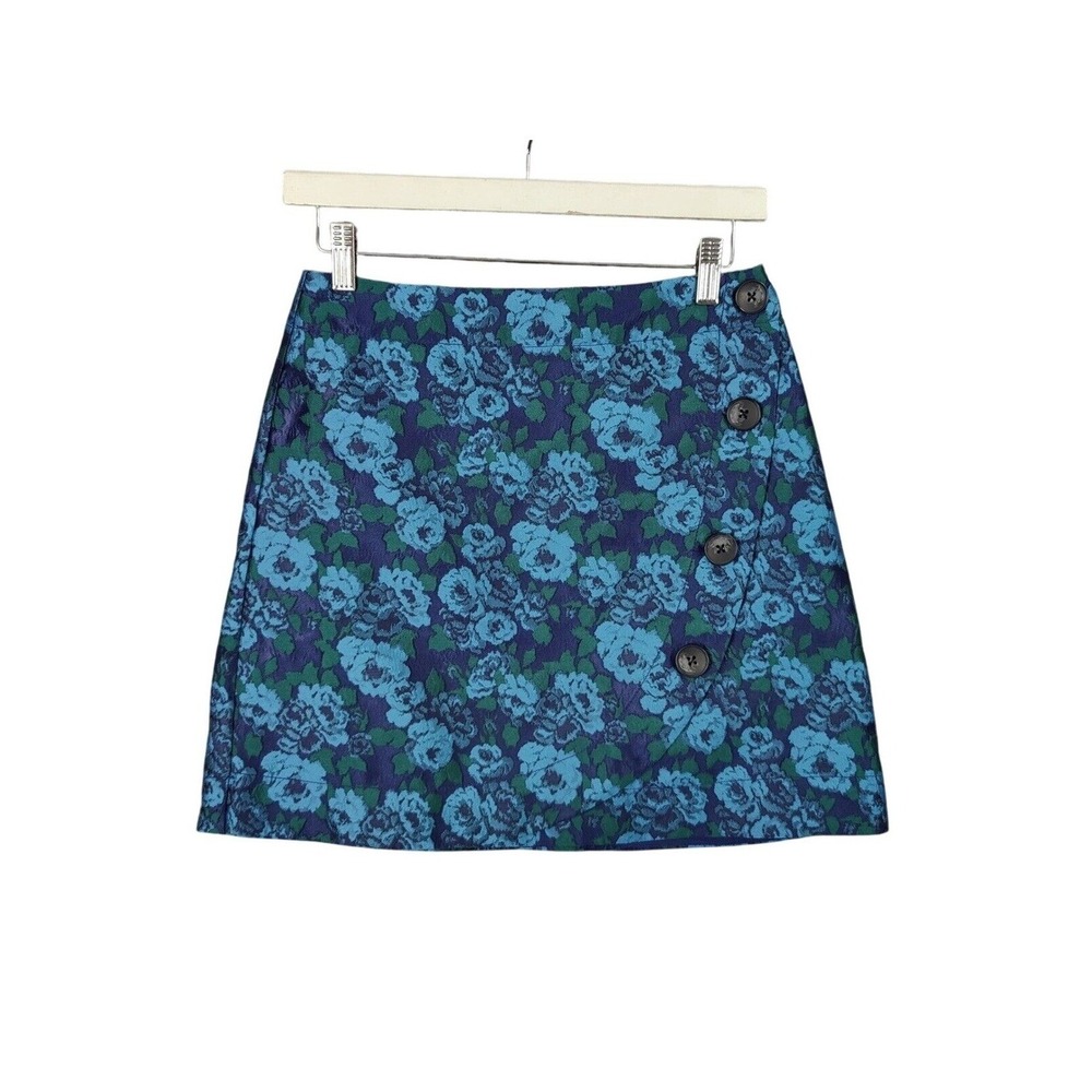 Maeve Womens Mod‎ Retro Preppy Coquette Floral Mini Skirt 0 Blue Teal Faux Wrap